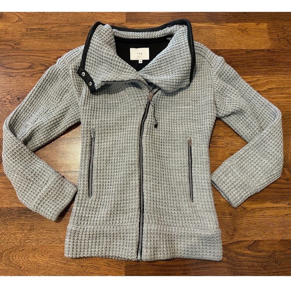 IRO Women's Chelane Leather Trim Waffle Knit Full Zip Sweater Gray/Black 36 (4)